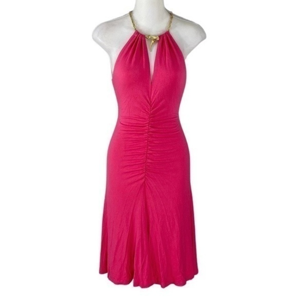 Cache hot pink gold snake necklace halter stretch dress Small S AG12